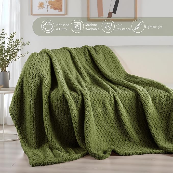 Exclusivo Mezcla Soft Fleece Queen Size Blanket for Bed, Olive Green | Jacquard Lightweight Cozy Bed Blanket, Breathable Decorative Fuzzy Textured All Season Use, 90x90 Inches