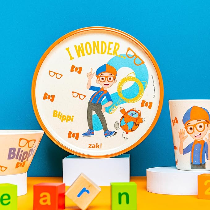 Zak Designs Blippi Kids Dinnerware Set 3 Pieces, Durable and Sustainable Melamine Bamboo Plate, Bowl, and Tumbler are Perfect For Dinner Time With Family (Blippi, TABBS)