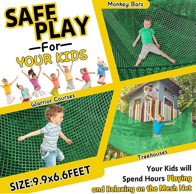 Climbing Net for Kids - 9.9FT x 6.6FT Double Layers Heavy Duty Playground Safety Net, Climbing Cargo Net for Tree House Tree Fort, Back Yard, Jungle Gyms, Monkey Bar Security Mesh（Green）