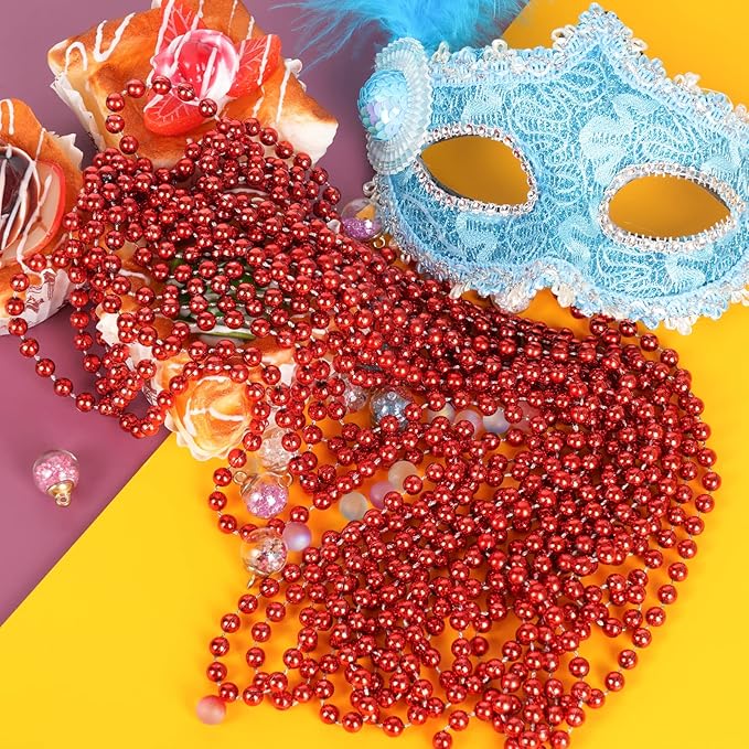 YAXINRUI 120 PCS Red Bead Necklaces, Red Mardi Gras Beads Christmas Necklace, Valentine Necklaces, 33 Inch Round Beaded Necklace for Mardi Gras Christmas Valentine Festive Events, Party Favors