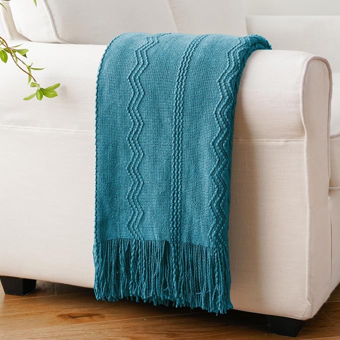 BATTILO HOME Teal Blue Throw Blanket for Couch, 50"x60" | Decorative Teal Throw for Sofa Bed Room, Boho Throw Blanket for Home Decor