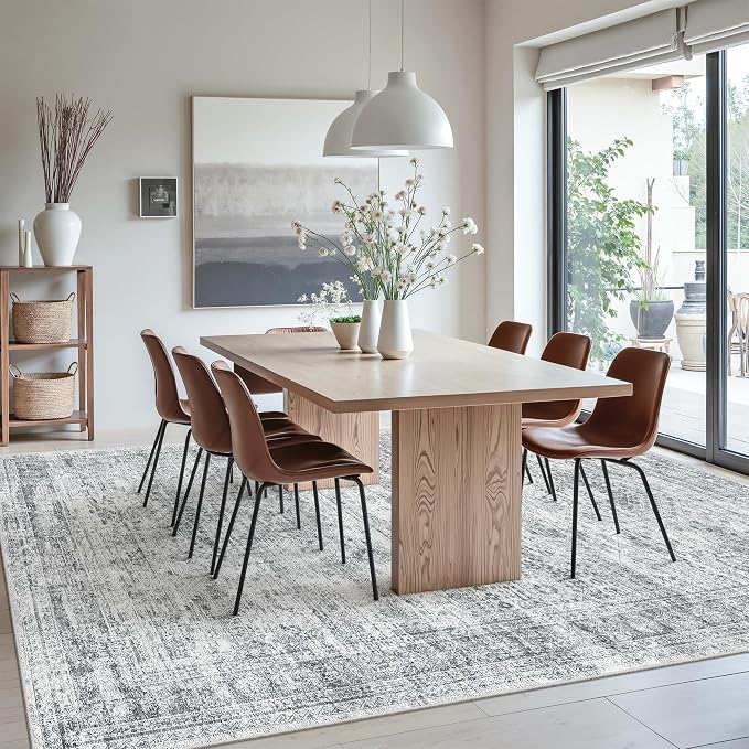 Soalmost 7x10 Area Rug for Living Room Washable Rugs Non-Slip Grey | Low-Pile Vintage Carpet for Dining Bedroom, Foldable Thin Stain Resistant Floor Mat Under Table Home Office Nursery Decor