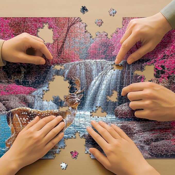 1000 Piece Puzzle of Adults - Beautiful Deer National Park Forest Waterfall, Nature Wildlife Jigsaw Puzzle