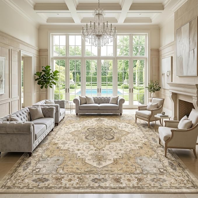 AMADA HOMEFURNISHING 9x12 Area Rug for Living Room,Vintage Washable Area Rug Low-Pile & Non-Slip Carpet for Bedroom Dining Room Nursery Home Office, Beige/Cream