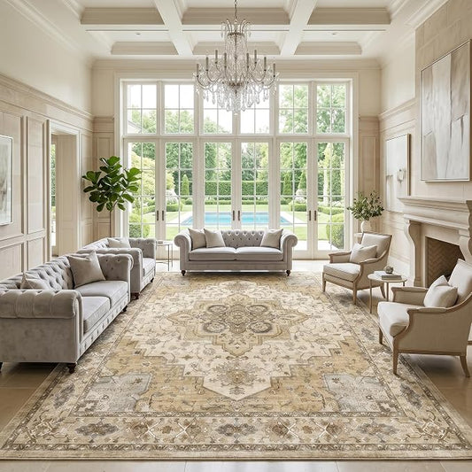 AMADA HOMEFURNISHING 9x12 Area Rug for Living Room,Vintage Washable Area Rug Low-Pile & Non-Slip Carpet for Bedroom Dining Room Nursery Home Office, Beige/Cream
