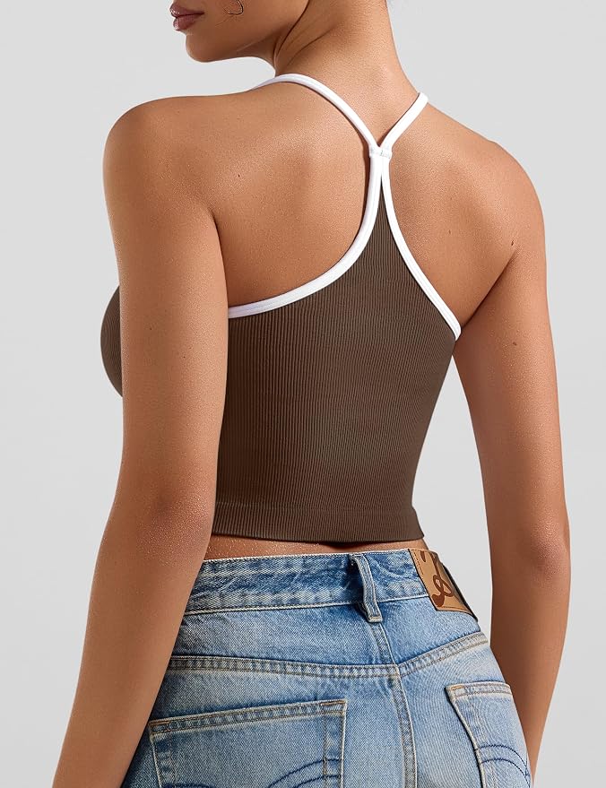OLCHEE Womens 3PK Crop Tank Tops Seamless Ribbed Sweetheart Neck Racerback Spaghetti Straps Contrast Trim Workout Yoga Cami
