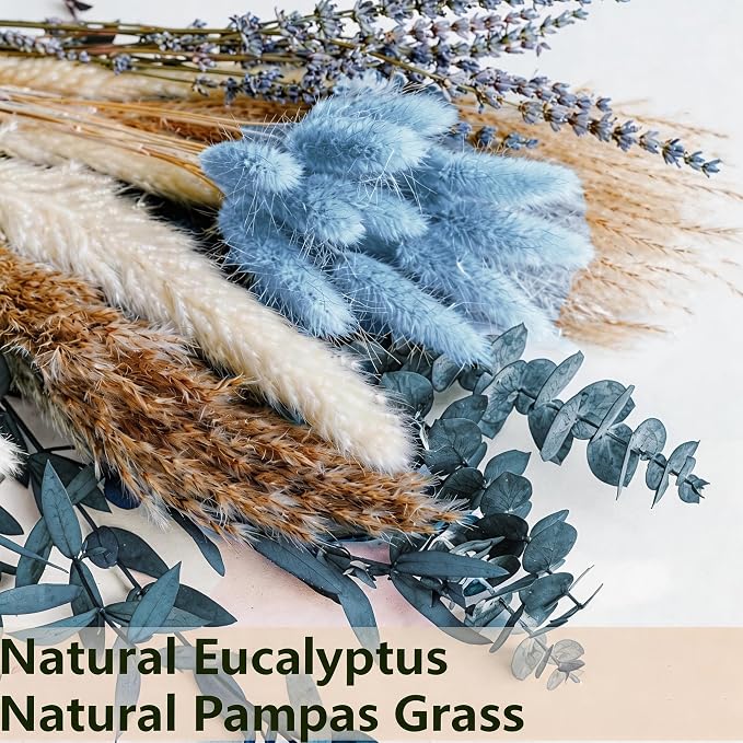 Dusty Blue Dried Flower Bouquet with Pampas Grass, Bunny Tails, Lavender and Eucalyptus, Beige Boho Floral Arrangement for Vase, Wedding Centerpiece, Bedroom and Coastal Home Decor