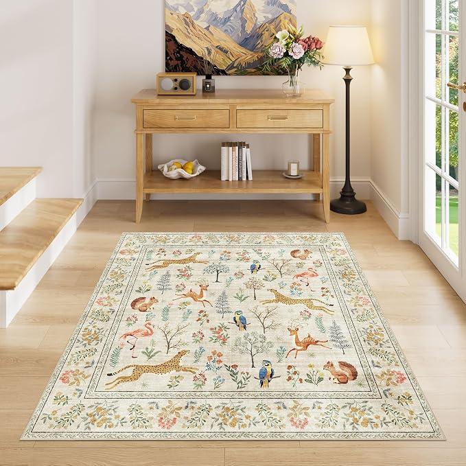 DUKINO 4x4 Square Area Rug, Washable Animal Rug for Entryway, Beige | Non Slip, Low Pile, Soft Indoor Carpet for Bedroom, Kitchen, Office, Kids Room, Farmhouse, Pet Friendly, Stain Resistant