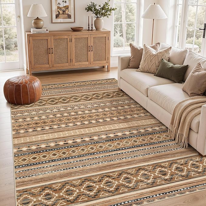 cotiled 6x9 Area Rugs Living Room Rug: Washable Boho Rugs with Non Slip Backing Large Soft Indoor Stain Resistant Carpet for Bedroom Farmhouse Dining Room Lightweight Home Decor Brown/Beige