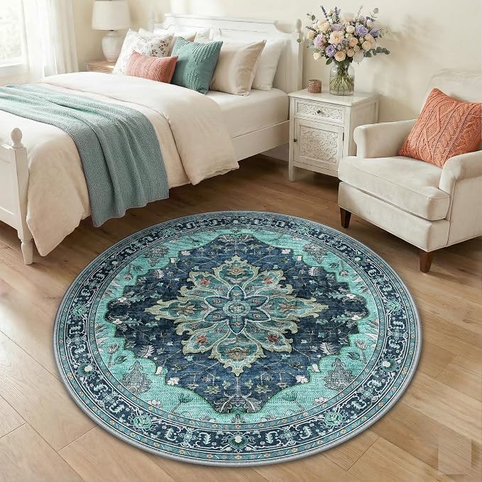 RELEANY Area Rugs Round 4ft Washable Non-Slip, Floral Vintage Distress Medallion Carpet for Living Room Bedroom Dining Room, Teal Green Lake Blue Turquoise