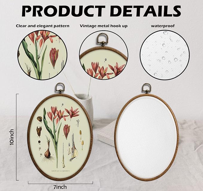Vintage Boho Floral Oval Wall Art, Vintage Pink Botanical Oval Framed Wall Art, Waterproof Cottage Core Home Decor for Western Farmhouse Bedroom Living Room, Home Retro Decor Products, 08