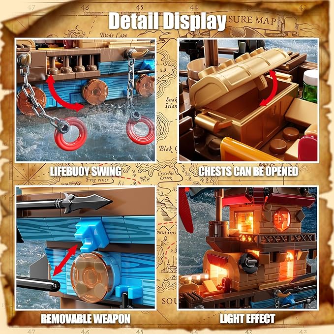 Pirate Ship Building Kit (916 Pcs) with LED Lights - Standard Brick - Compatible Creative Pirate Toy Model - Ideal Gift for Kids, Teens, Adults & Boys Ages 8-12 (Birthday/Christmas/Party)