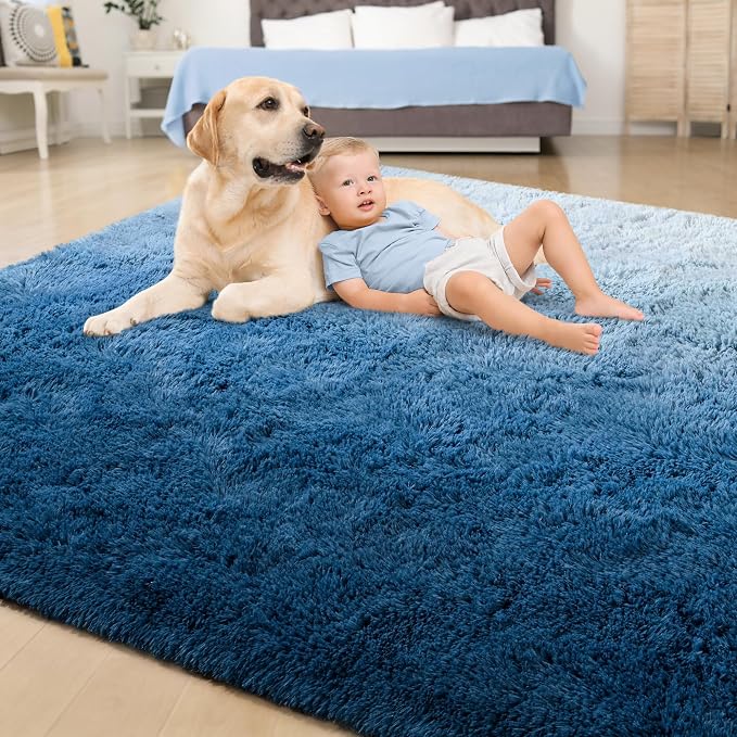 Tepook Soft Fluffy Rugs for Living Room, 5x8 Shaggy Area Rug for Bedroom, Modern Shag Rug Fuzzy Carpets for Kids, Plush Indoor Nursery Home Decor Rug with Non-Slip Bottom, Gradient Navy Blue