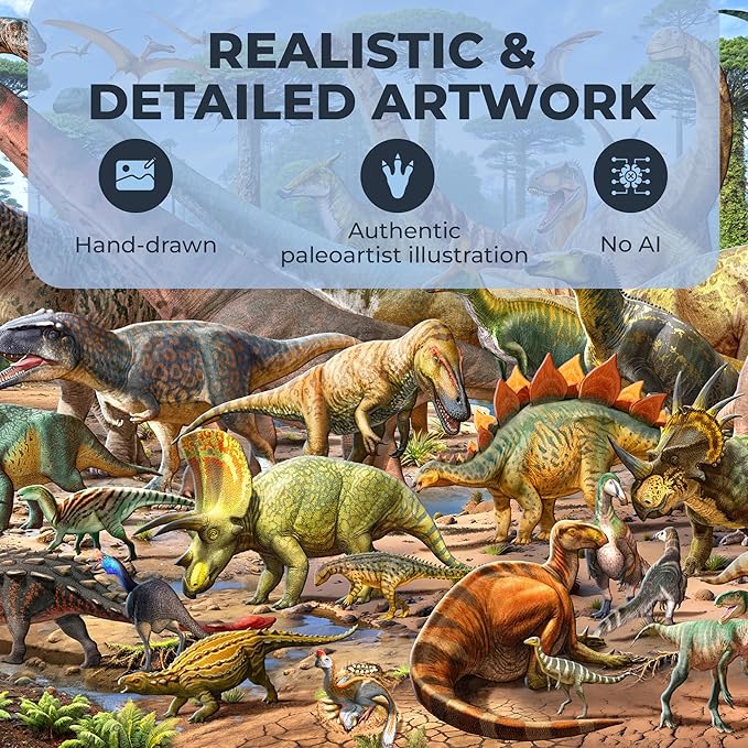 Dinosaur Scene - Jigsaw Puzzles for Adults 1000 Pieces - Hand Drawn Illustration - 1:1 Poster with Dino Names & Marks Included - Thick Cardboard No Puzzle Dust - Fun & Engaging Screen-Free Time