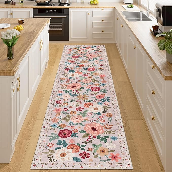DUKINO 2x8 Runner Rug, Washable Runner Rug for Kitchen Non Slip, Beige | Floral, Low Pile, Soft Indoor Rug for Hallway, Entryway, Bedroom, Bathroom, Pet Friendly, Stain Resistant, Modern Home Decor