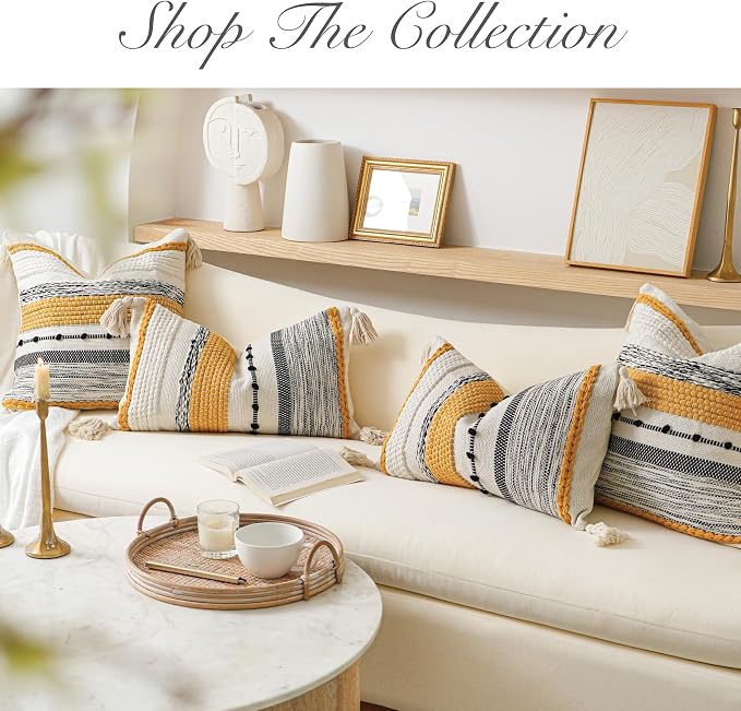 Yellow Mustard Decorative Throw Pillow Cover 20x20 Square Boho Accent Pillowcase Tassels Farmhouse Cushion for Couch Sofa Bedroom Living Room Home Décor Cover ONLY