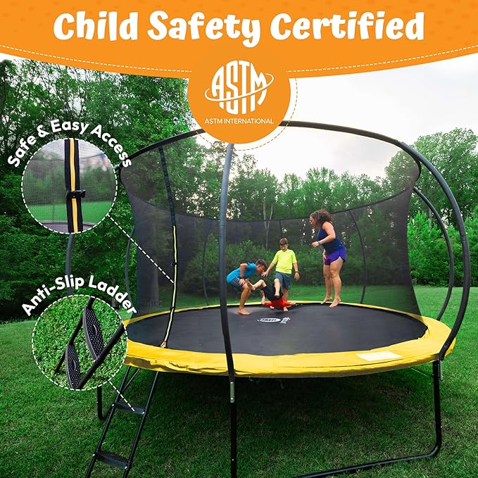 JUMPZYLLA Trampoline Outdoor 8FT 10FT 12FT 14FT 15FT 16FT with Enclosure and Ladder, ASTM Approved Recreational Trampoline for Kids and Adults, Anti-Rust Coated Frame