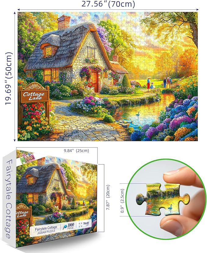 Fairy Tale Cottage 1000 Piece Jigsaw Puzzle for Adults - Scenic House Garden with Sunset & Colorful Flowers Landscape Challenging Puzzle Games Fun Family Activity （27.6" x 19.7"）