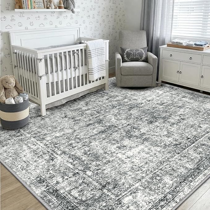 CAPALOCA Square 6ft Washable Nursery Girls Low Pile Area Rug Grey | Non-Slip Soft Rugs for Bedroom Kids Playroom Living Room, Print Pattern Water Repellent Carpet Indoor Decor