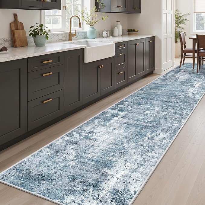 Soalmost Hallway Runner Rug 2'6" x 12' Kitchen Rugs Abstract Blue/Grey | Non-Slip Vintage Long Runners 2.5x12ft for Bathroom Entryway, Thin Low-Pile Foldable Floor Carpet Mat for Corridor Bedroom