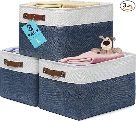 OrganiHaus 15x11in Canvas Storage Baskets 3 Pack - Fabric Bins for Shelves | Vegan leather handles; a decorative closet organizer for clothes, shoes, or toys; bedroom container