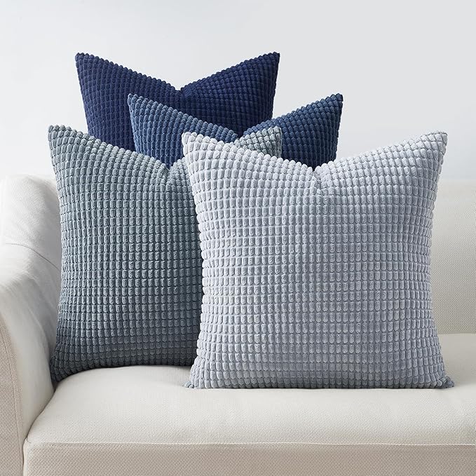 Topfinel 4 Packs Blue Decorative Throw Pillow Covers 22x22 Inch for Living Room Couch Bed Sofa, Boho Western Farmhouse Home Decor, Square Soft Moss Corduroy Fall Cushion Case 55x55 cm