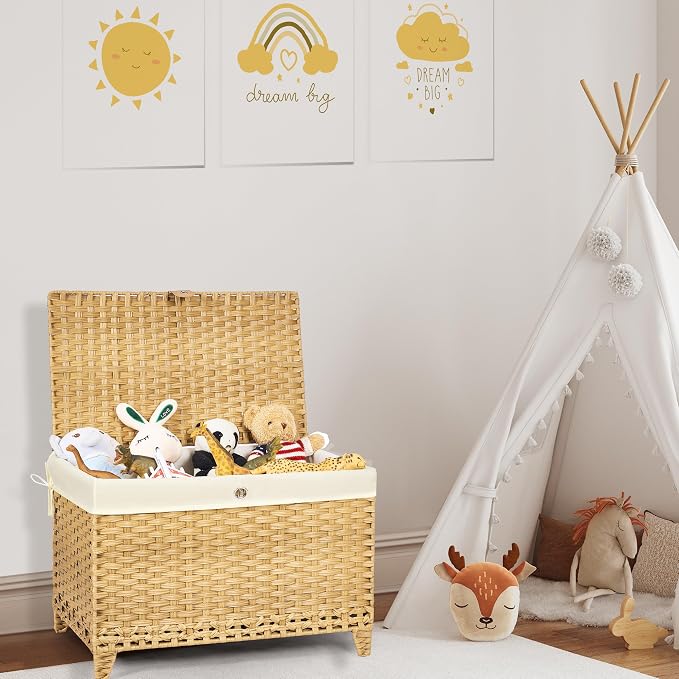 Wicker Storage Basket with Lid, 160L Shelf Basket with Removable Liner Bag | Rattan-Inspired Woven Design, Elevated Feet, Storage Trunk for Wardrobe, Bedroom & Home Organization