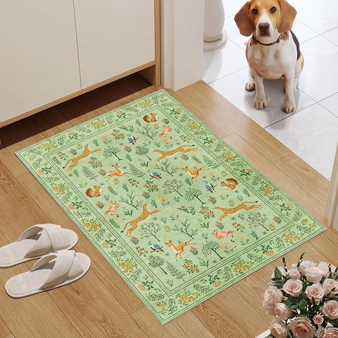DUKINO 2x3 Entryway Rug, Washable Door Mat Animal Kitchen Rug, Light Green | Non Slip, Low Pile, Soft Indoor Small Rug for Entrance, Bedroom, Bathroom, Laundry, Pet Friendly, Lightweight, Non-Shedding
