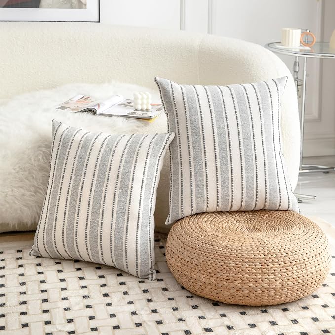 Cethom Decorative Boho Throw Pillow Covers, Farmhouse Textured Pillow Case, 18 x 18 Inch Set of 2, Chair Sofa Bedroom Living Room Home Decor Couch Cushion Case, Grey and Beige Striped