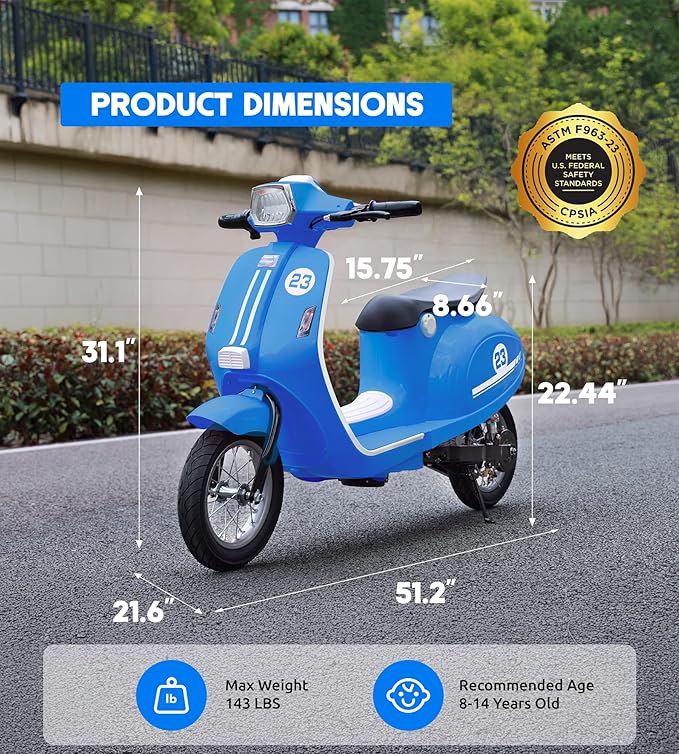 Kids Motorcycle, 2 Wheel Electric Motorcycle for Boys Ages 8-14, 24V Ride on Toys with Music, Story, Headlight, 3 Speed Options, Up to 60min Ride Time, for Riders up to 143 lbs, Easy Assemble, Blue