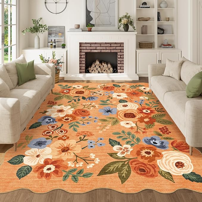 DUKINO 5x7 Area Rugs for Bedroom, Floral Washable Rug Non Slip, Orange | Low Pile, Soft, Stain Resistant Throw Rugs for Living Room, Dining Room, Office, Nursery, Pet Friendly, Modern Home Decor