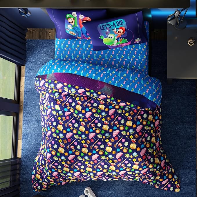 The Super Mario Galaxy Movie Bedding Set, Twin Size 4 Piece Kids Super Soft Cozy Reversible Comforter and Sheet Set, (Officially Licensed Product) By Franco | Durable, Reversible, Officially Licensed