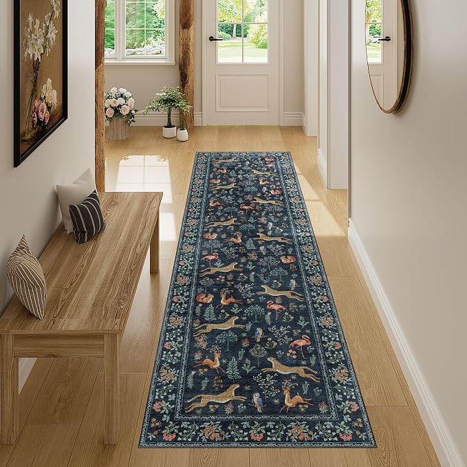 DUKINO 2x7 Runner Rug for Hallway, Washable Kitchen Rugs Non Slip Navy Blue | Low Pile, Stain Resistant, Animal Indoor Carpet Runner for Hallway, Entryway, Bedroom, Bathroom, Lightweight, Pet Friendly