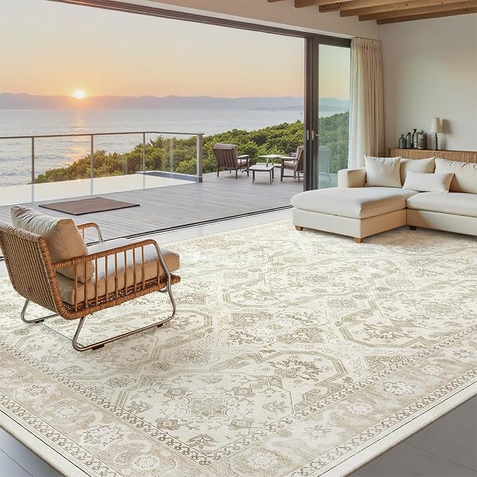 Soalmost 7x10 Area Rug for Living Room Washable Rugs Non-Slip Beige/Brown | Low-Pile Vintage Carpet for Dining Bedroom, Foldable Thin Stain Resistant Floor Mat Under Table Home Office Nursery Decor