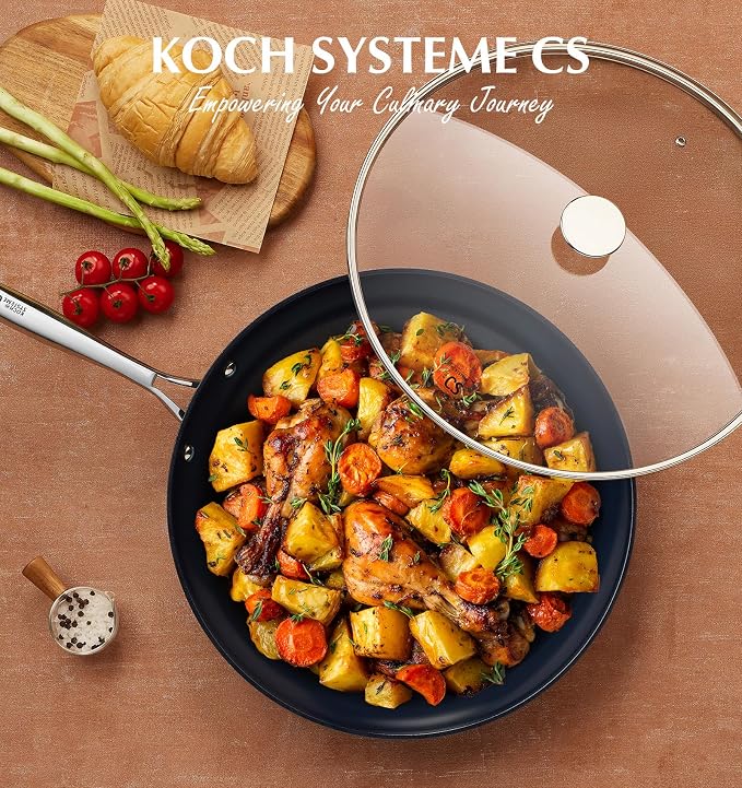 KOCH SYSTEME CS 14 Inch Large Frying Pan with Lid, Nonstick Skillet with Ceramic Interior, Large Fry Pan for Family & Commercial Cooking, Frying Pan Nonstick, Oven Safe & Induction Compatible, Blue