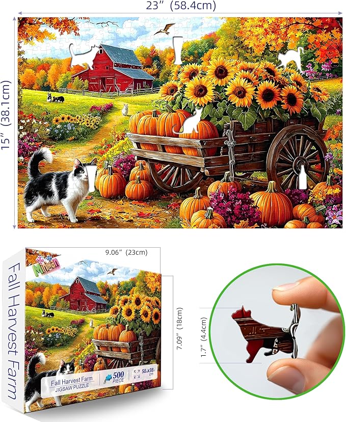 500 Piece Jigsaw Puzzle for Adults - Autumn Farm Scene: Sunflower Cart, Red Barn & Pumpkin Harvest, 23x15 Inch Fall Art Puzzle, Challenging Hard Difficult Puzzles for Adults