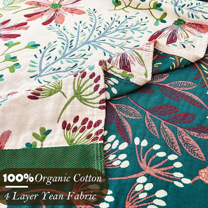VANJOROY Boho Throw Blanket, 100% Organic Cotton Breathable Ultra Soft 91" x 98" Bed Quilt Throw - All Season Floral Rustic Farmhouse Decor Luxury Reversible Blanket for Sofa Couch Chair and Gift