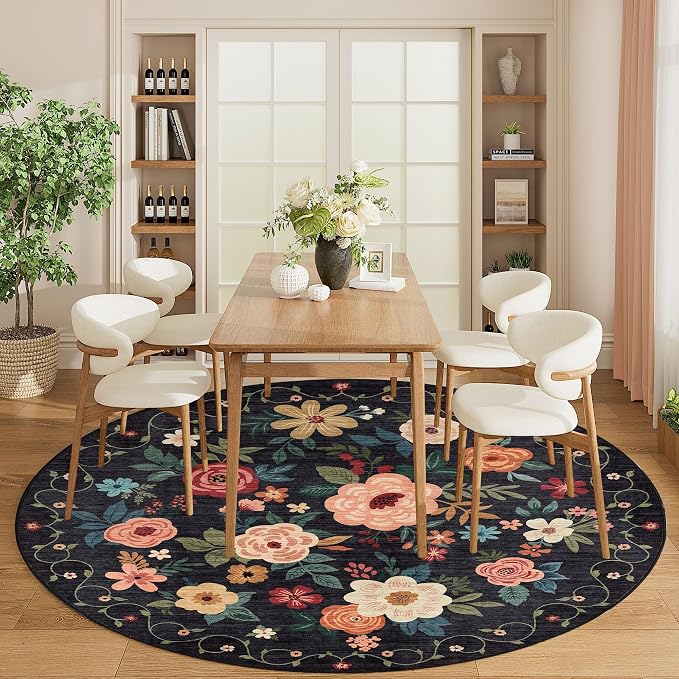 DUKINO 6ft Round Rug, Soft Washable Circle Rug for Bedroom Non Slip, Black | Low Pile, Stain Resistant Indoor Rug for Living Room, Dining Room, Kids Room, Office, Pet Friendly, Home Decor, Non-Shedding