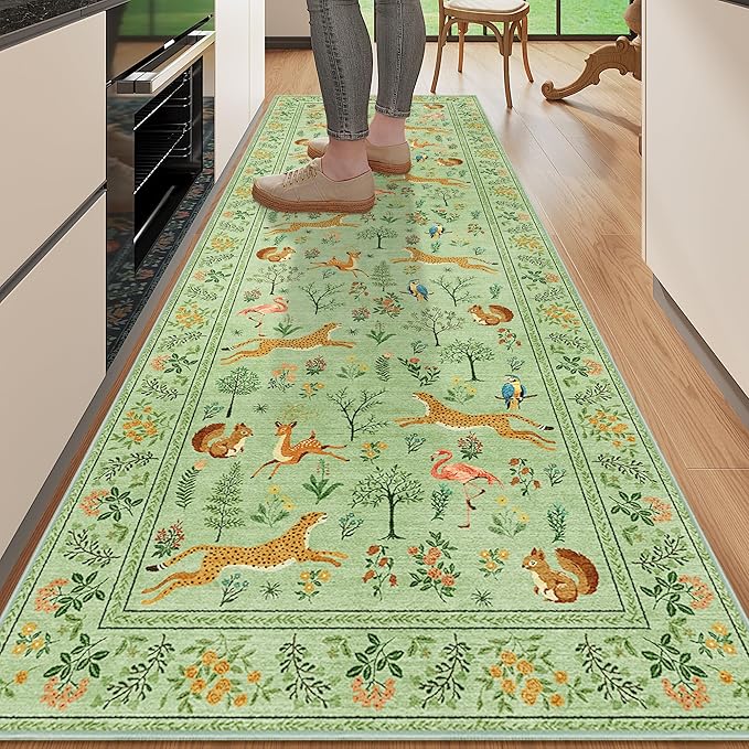 DUKINO 2x6 Runner Rug, Washable Animal Kitchen Rugs Non Slip, Light Green | Soft, Low Pile, Stain Resistant Indoor Carpet for Hallway, Entryway, Bedroom, Bathroom, Laundry,Pet Friendly, Lightweight