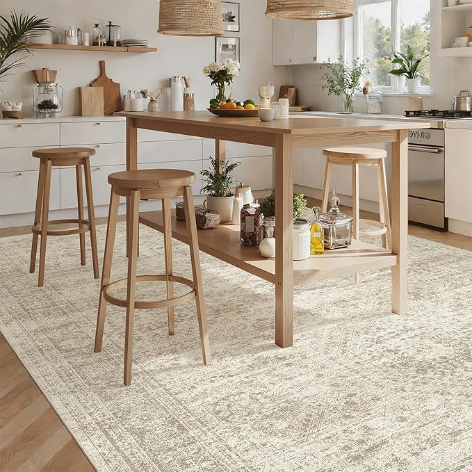 Soalmost Washable Area Rug 8x12 Large Soft Beige Rugs for Living Room | Vintage Non-Slip Carpet for Dining Bedroom, Stain Resistant Low Pile Foldable Lightweight Floor Mat Under Table Home Decor