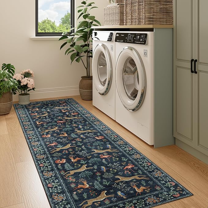DUKINO 2x7 Runner Rug for Hallway, Washable Kitchen Rugs Non Slip Navy Blue | Low Pile, Stain Resistant, Animal Indoor Carpet Runner for Hallway, Entryway, Bedroom, Bathroom, Lightweight, Pet Friendly
