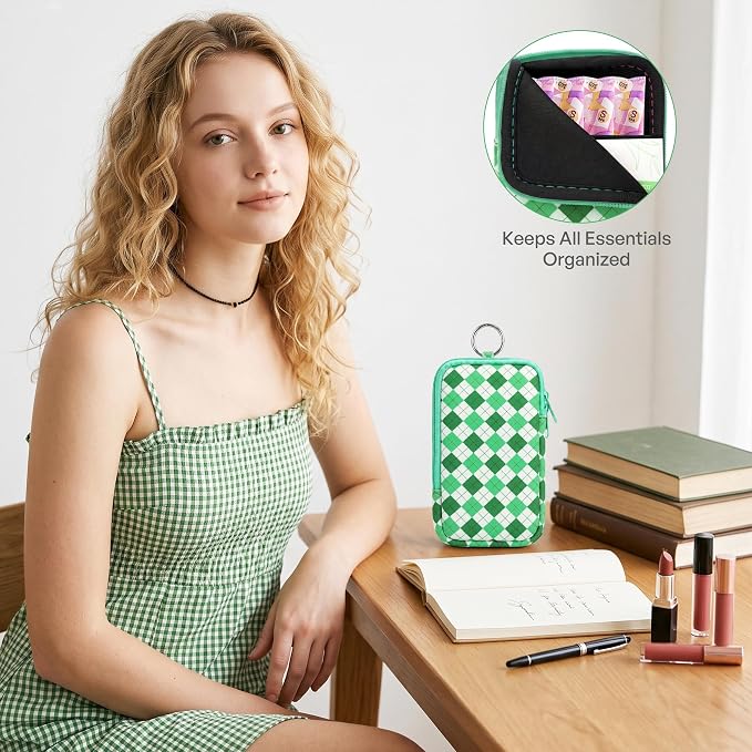 KJQJLY 2 Pack Portable Tampon Organizer Bag Tampon Holder & Storage Case with Zipper for Travel, Discreet Period Bag for Purse, Waterproof Feminine Products Pouch for Women (Yellow and Green Lattice)