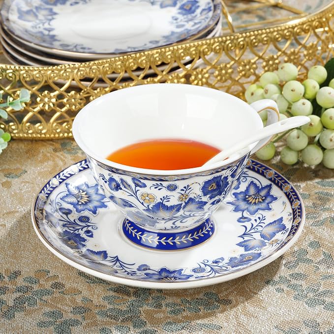 fanquare Porcelain Tea Sets,Blue British Coffee Cups& Saucer Service for 6, with Teapot,Sugar Bowl,Creamer Pitcher and Golden Metal Rack