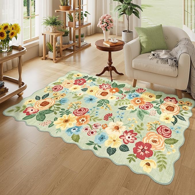 DUKINO 3x5 Area Rugs, Non Slip Floral Washable Rug for Bedroom, Green | Soft, Low Pile, Non-Shedding Throw Rugs for Living Room, Entryway, Kitchen, Kids Room, Pet Friendly, Home Decor, Lightweight
