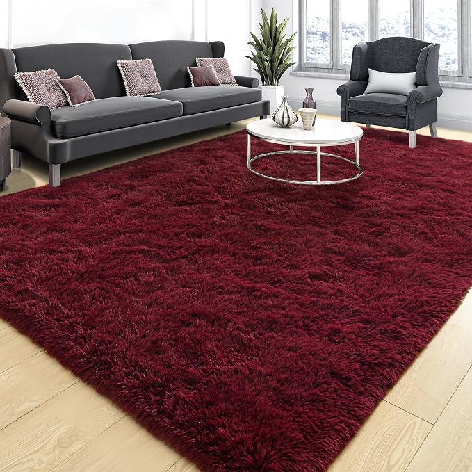 Tepook Fluffy Burgundy Rugs for Living Room, 8x10 Dark Red Area Rug for Bedroom, Soft Shaggy Plush Floor Carpet for Kids Girls Boys Room, Indoor Non Slip and Washable Carpets for Nursery Home Decor