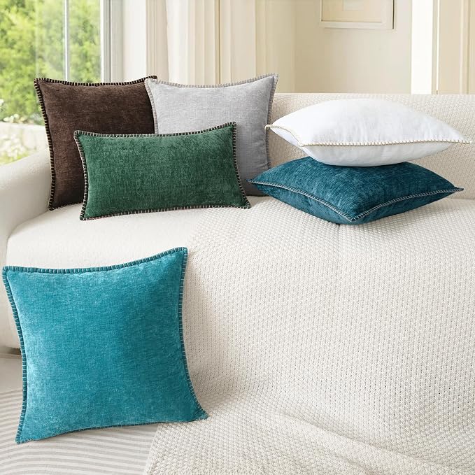 CaliTime Decorative Couch Throw Pillow Covers 22 X 22 Inches Moonbeam Gray | Pack of 2, Cozy Chenille Cushion Cases, Cotton Thread Stitching Edges, for Sofa Bed Living Room Farmhouse