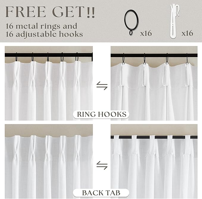 Snow White Short Pinch Pleat Linen Curtains 45 Inch Length 2 Panels Set | for Small Kitchen Windows, Rustic Country Linen, Light Filtering Privacy Semi Sheer, Pinch Pleated Back Tab Curtains, 40x45