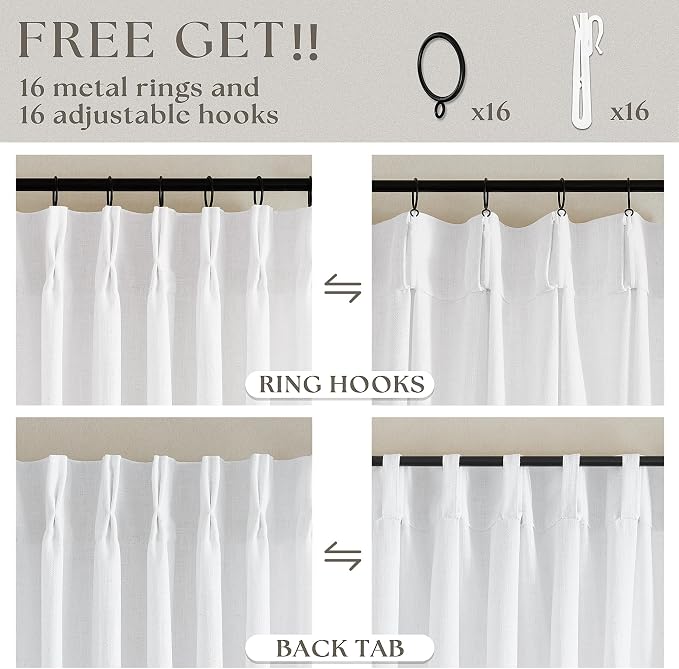 Thick Linen White Curtains 90 Inches Long for Living Room Bedroon Aesthetic Pinch Pleated Drapes with Hooks Rings Back Tab Light Filtering Semi Sheer Ceiling Floor Custom Made Memory Trained Curtain