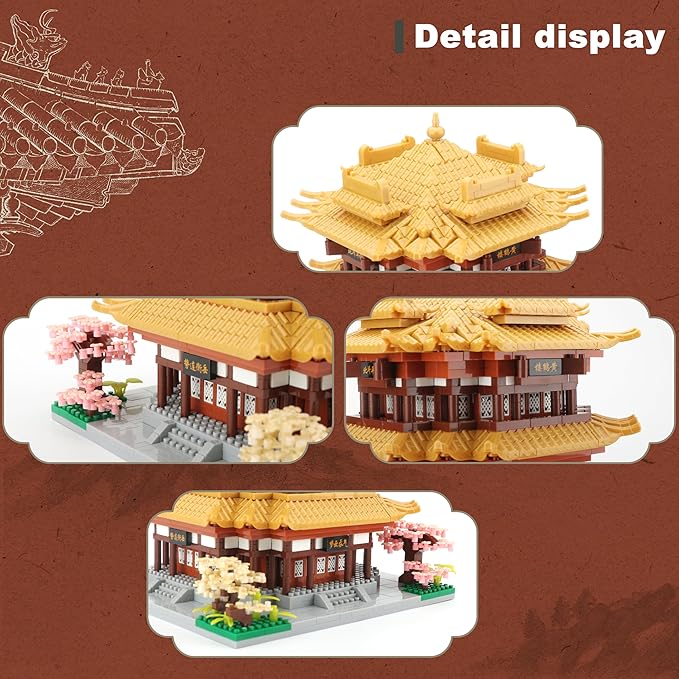 Chinese House Asian Architecture Micro Building Blocks Yellow Crane Tower for Adults - Decorative DIY Toys Gift for Age of 14+