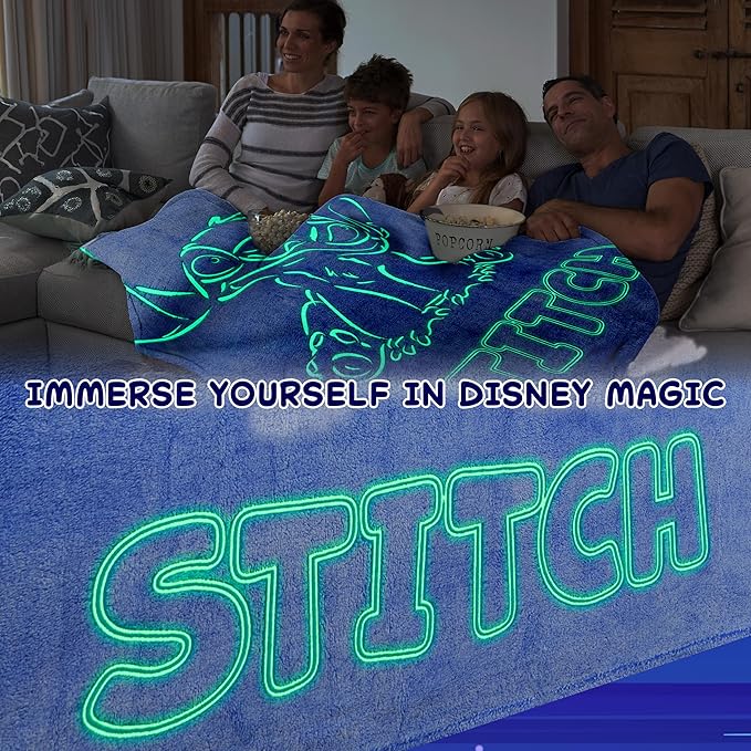 Disney Stitch Glow in The Dark Throw Blanket 51x59”, Soft Fleece Throw Blanket for Sofa Bed, Cozy Warm, Gifts for Kids, Teens, Adults (Blue Stitch)